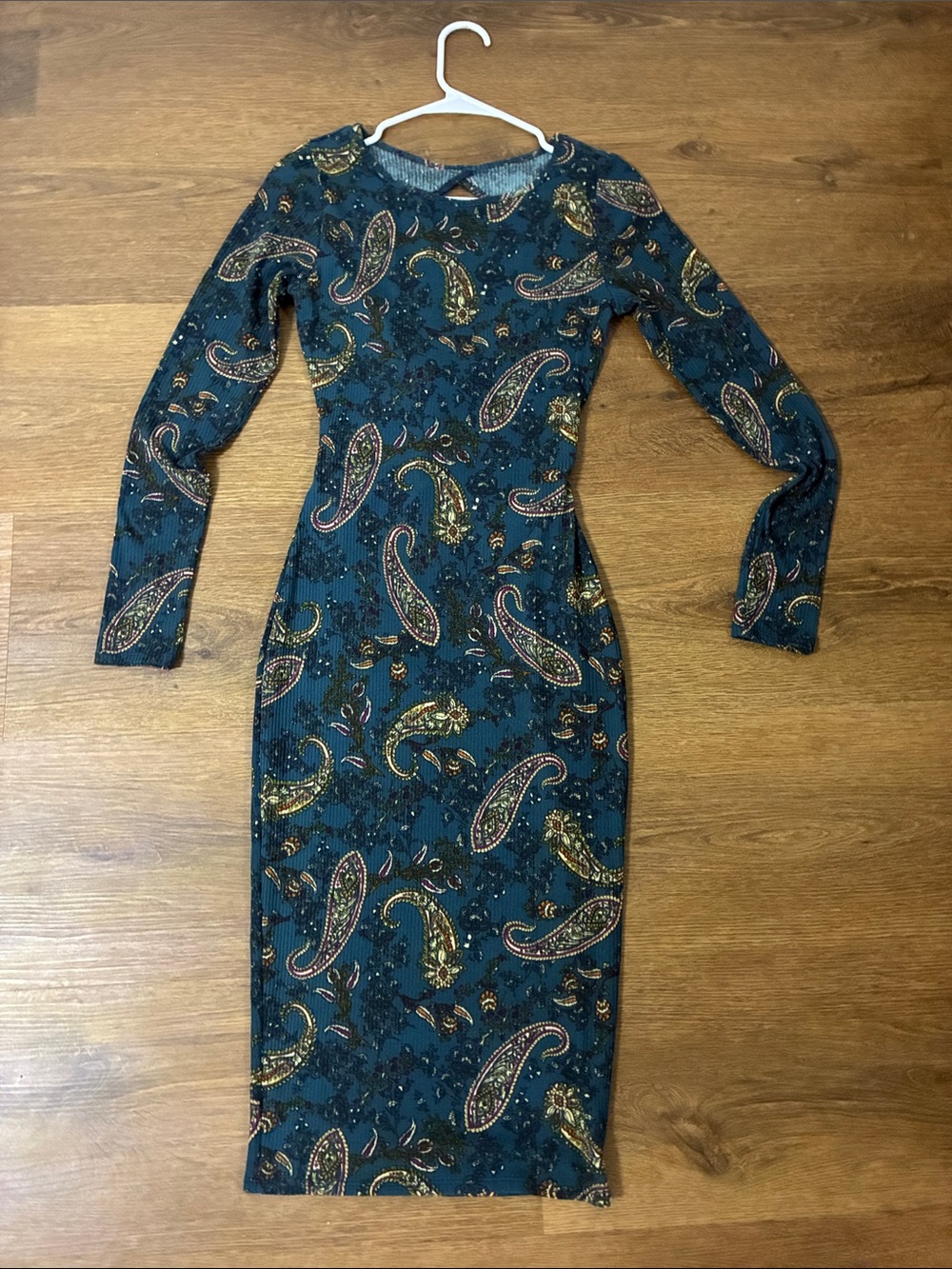 Teal Paisley Long-Sleeve Bodycon Dress